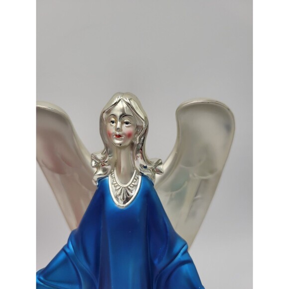 Lot Of 2 Plastic Silver Tone Angel Figurines Red & Blue Table Decorations 12" - Picture 3 of 13